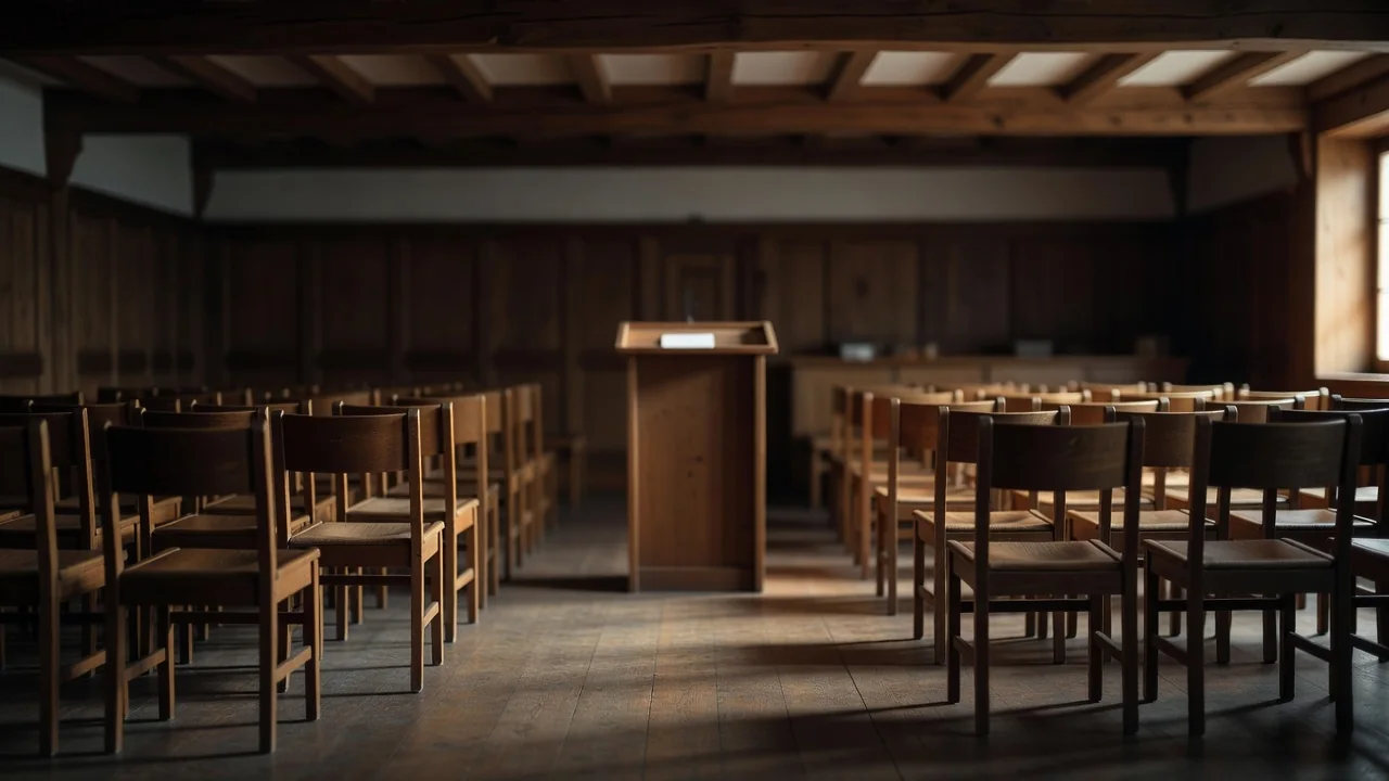 Leere Mitgliederversammlung mit Stühlerreihen und Podium in einer Vereinsgaststätte