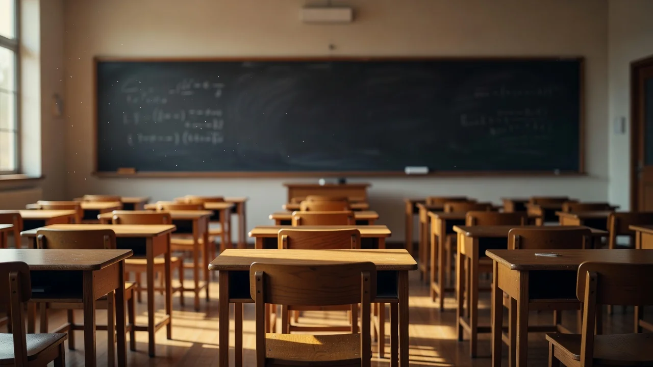 Leeres Klassenzimmer mit Tafel und aufgeräumten Tischen im Morgenlicht