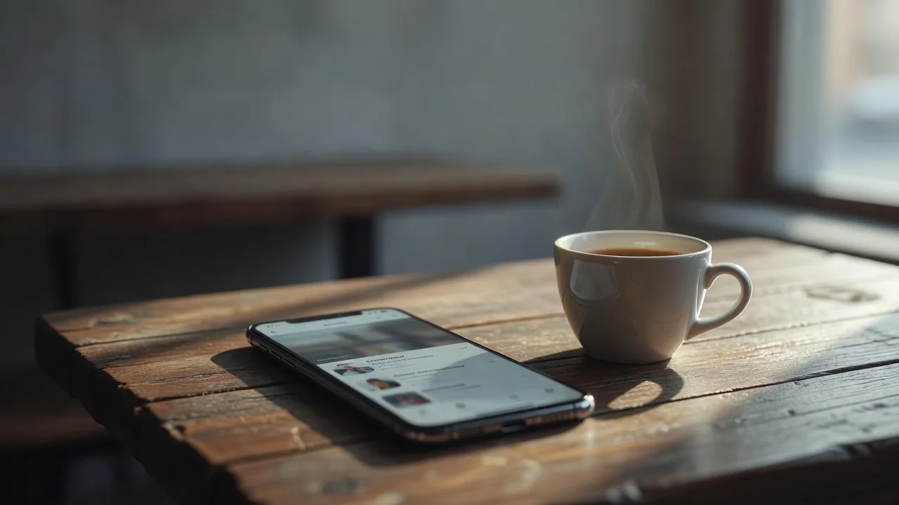 Smartphone mit unscharfem Newsfeed auf einem Cafétisch neben Espressotasse am Morgen