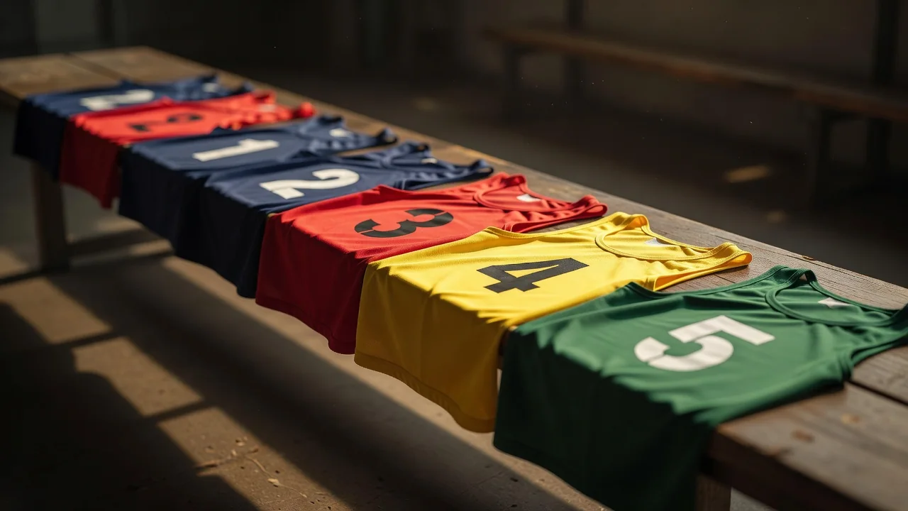 Reihe von nummerierten Trainingsleibchen auf einer Bank ohne Namen und Logos