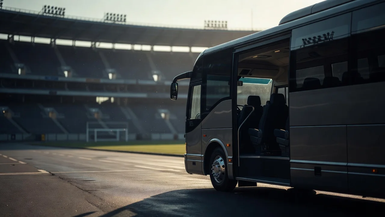 Leerer Mannschaftsbus mit geöffneter Tür vor einem Stadion am Morgen