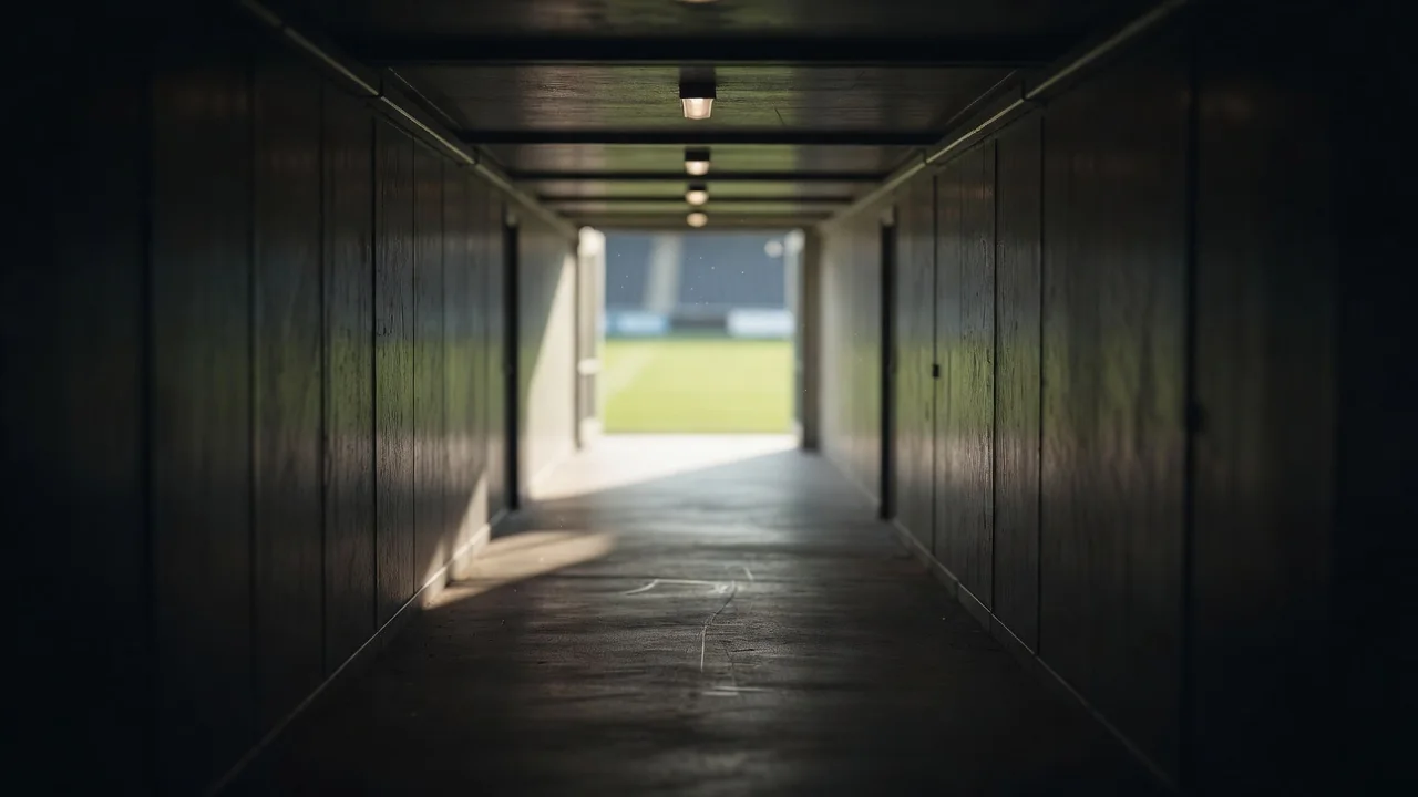 Leerer Spielertunnel mit gedämpftem Licht und Ausgang zum Rasen