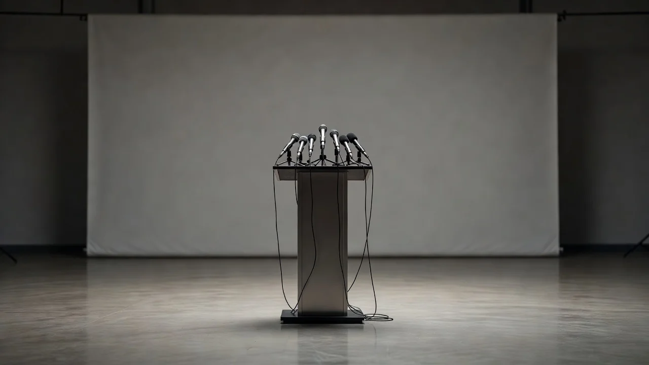 Leerer Pressesaal mit Podium und Mikrofonen vor einer Sponsorenwand ohne lesbare Logos