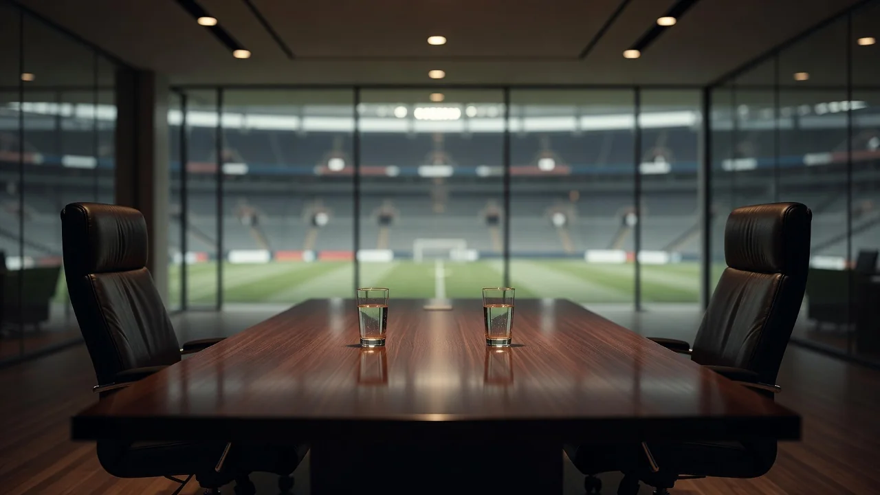 Verhandlungstisch mit zwei leeren Stühlen und Wassergläsern in einem Besprechungsraum eines Stadions