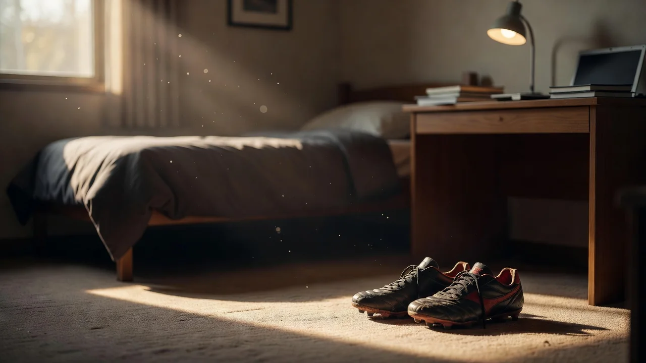 Internatszimmer mit Bett, Schreibtisch und Fußballschuhen darunter ohne Personen
