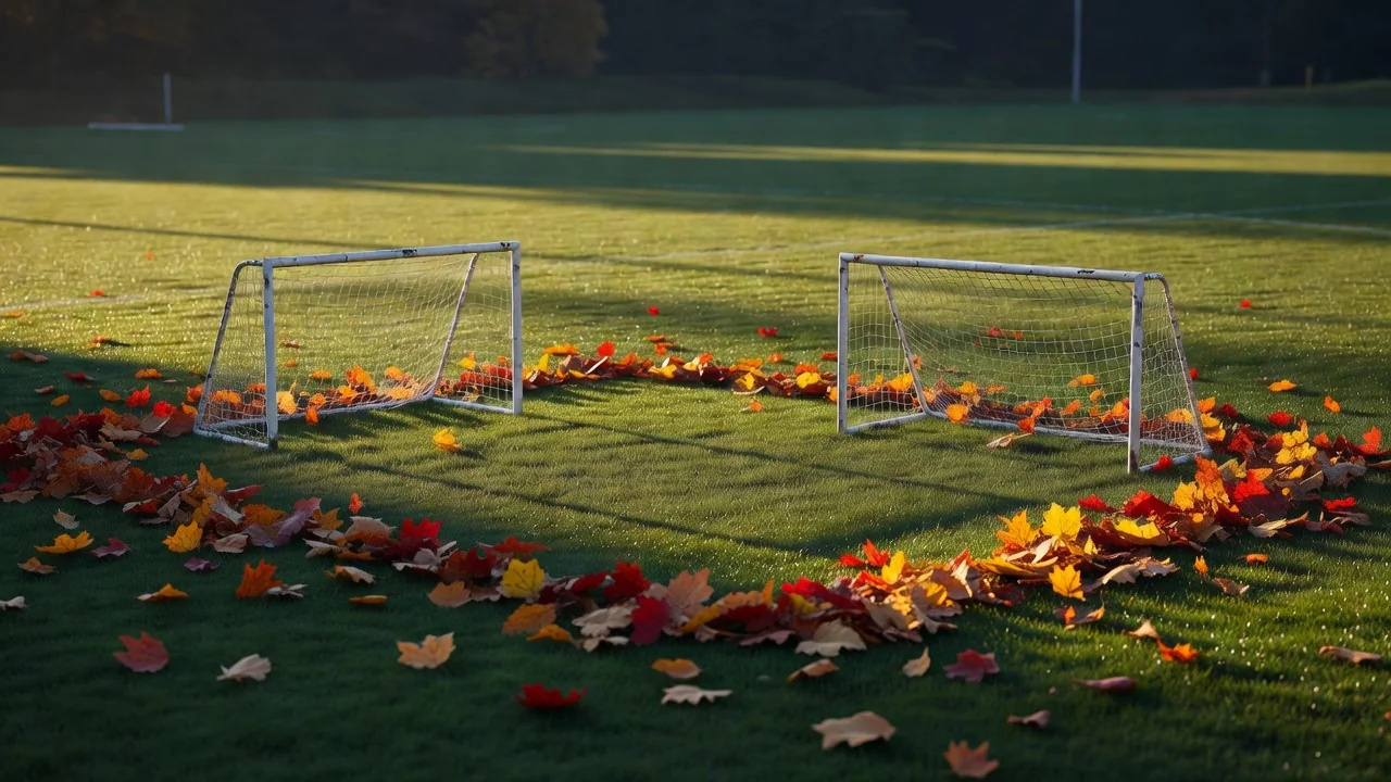 Kleine Tore auf einem Jugendfußballplatz mit Herbstlaub am Rand ohne Personen