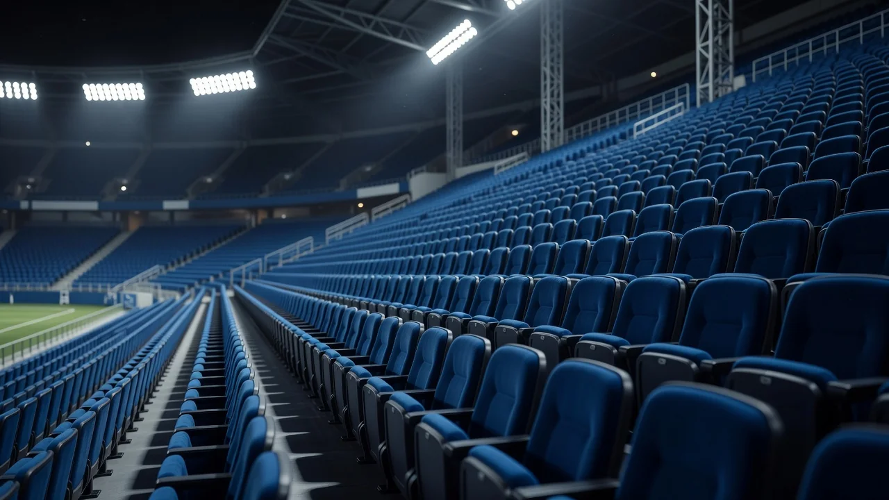 Leere Ehrentribüne mit UEFA-Blautönen im Stadionlicht ohne erkennbare Personen