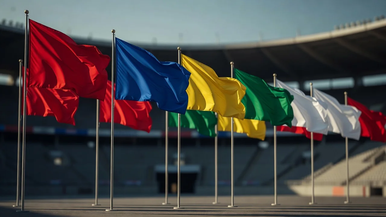 Nationalflaggen verschiedener Länder an Masten vor einem Stadion bei Wind