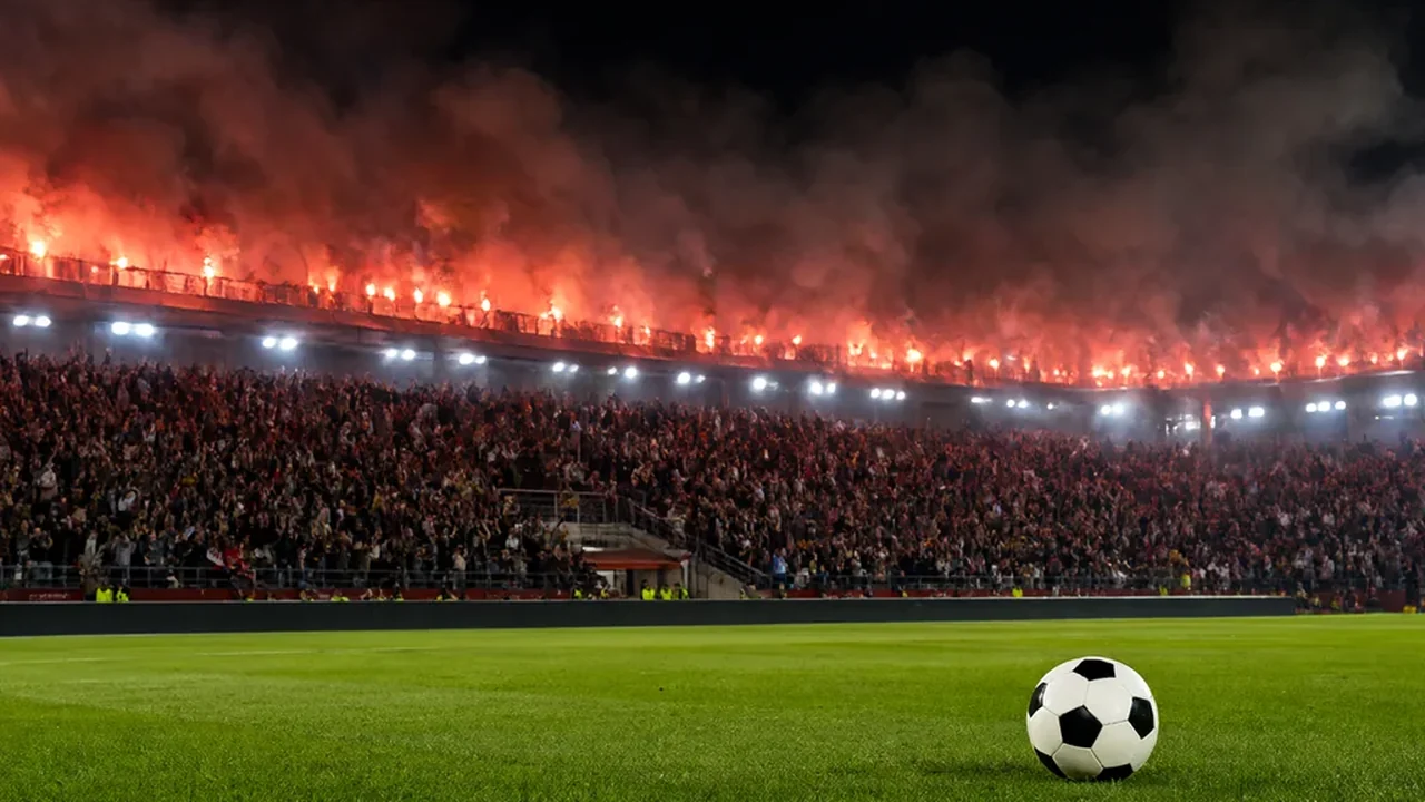 Bengalische rote Fackeln auf einer Stadiontribüne bei Nacht mit Rauch über der Kurve