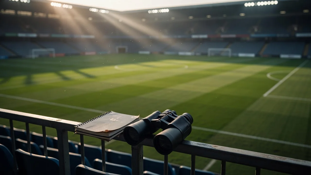 Fernglas und Notizbuch auf einer Tribünenbrüstung mit Blick auf einen leeren Platz