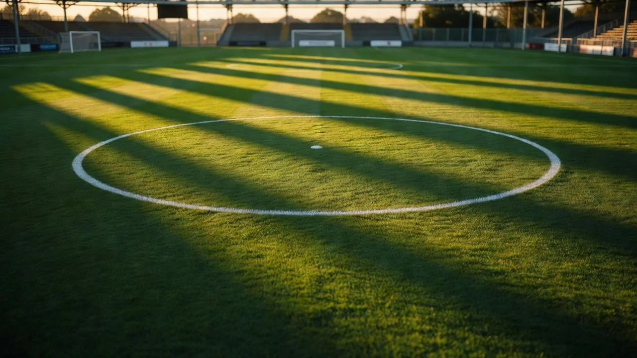 Leeres Fußballfeld mit Kontrastlinien aus Schatten und Licht über dem Mittelkreis
