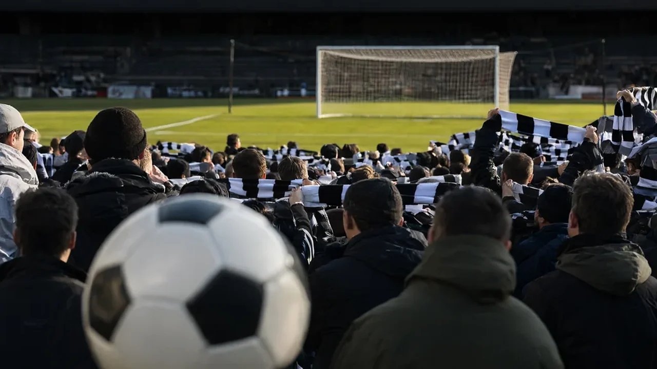 Fußballfans auf der Stehplatztribüne hinter dem Tor mit Schals in der Hand