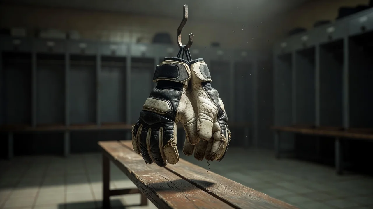 Alte abgegriffene Torwarthandschuhe auf einem Haken in einer Umkleidekabine