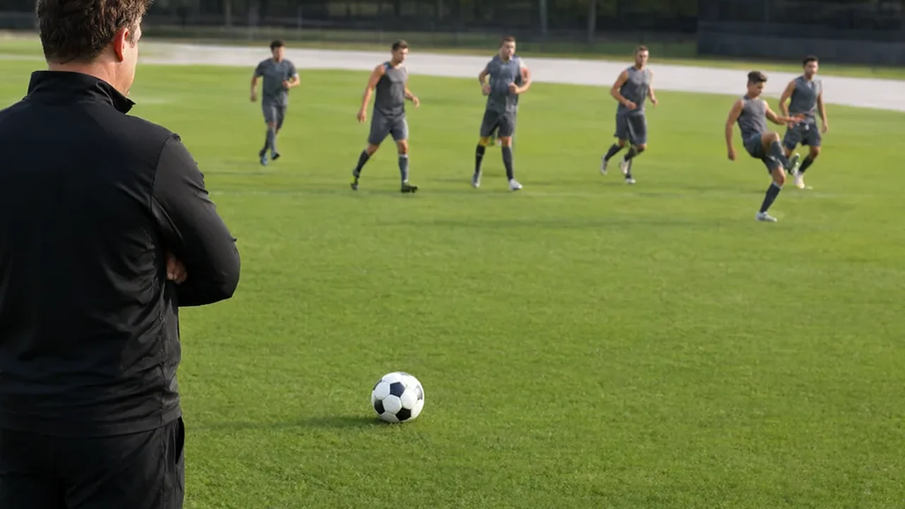 Fußballtrainer an der Seitenlinie auf dem Rasen mit verschränkten Armen vor der Bank