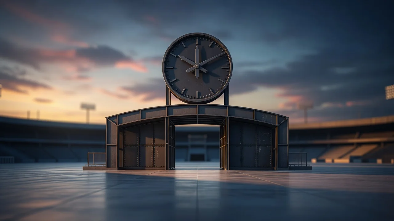Stadionuhr über einem Eingangstor im Abendlicht mit leerem Vorplatz