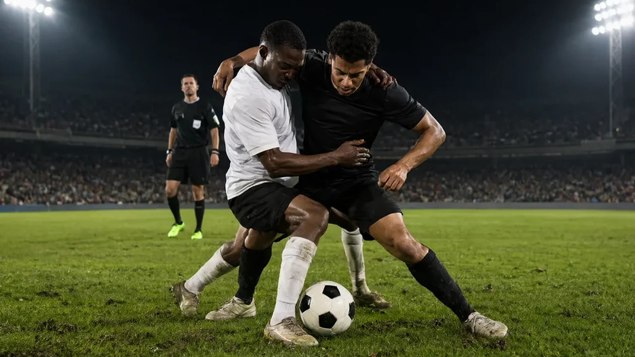 Zwei Fußballspieler im Zweikampf um den Ball auf grünem Rasen vor Flutlicht