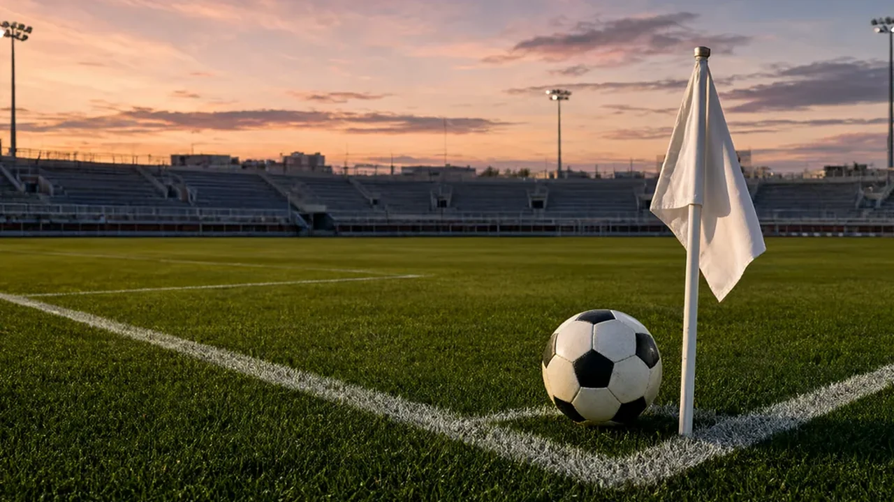 Leeres Fußballstadion von der Eckfahne aus gesehen mit grünem Rasen und weißen Linien in der Abenddämmerung