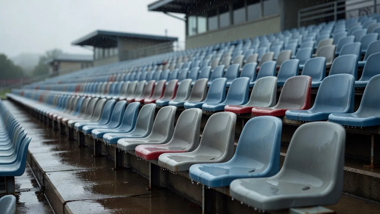 Leere Regionalliga-Tribüne mit einfachen Sitzschalen bei Regenwetter
