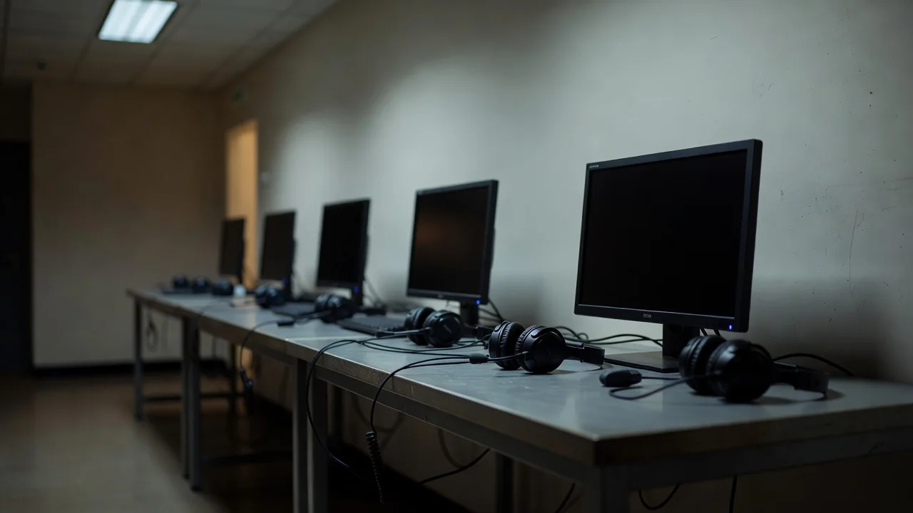 Leere Schiedsrichter-Kabine mit dunklen Monitoren und Headsets auf dem Tisch