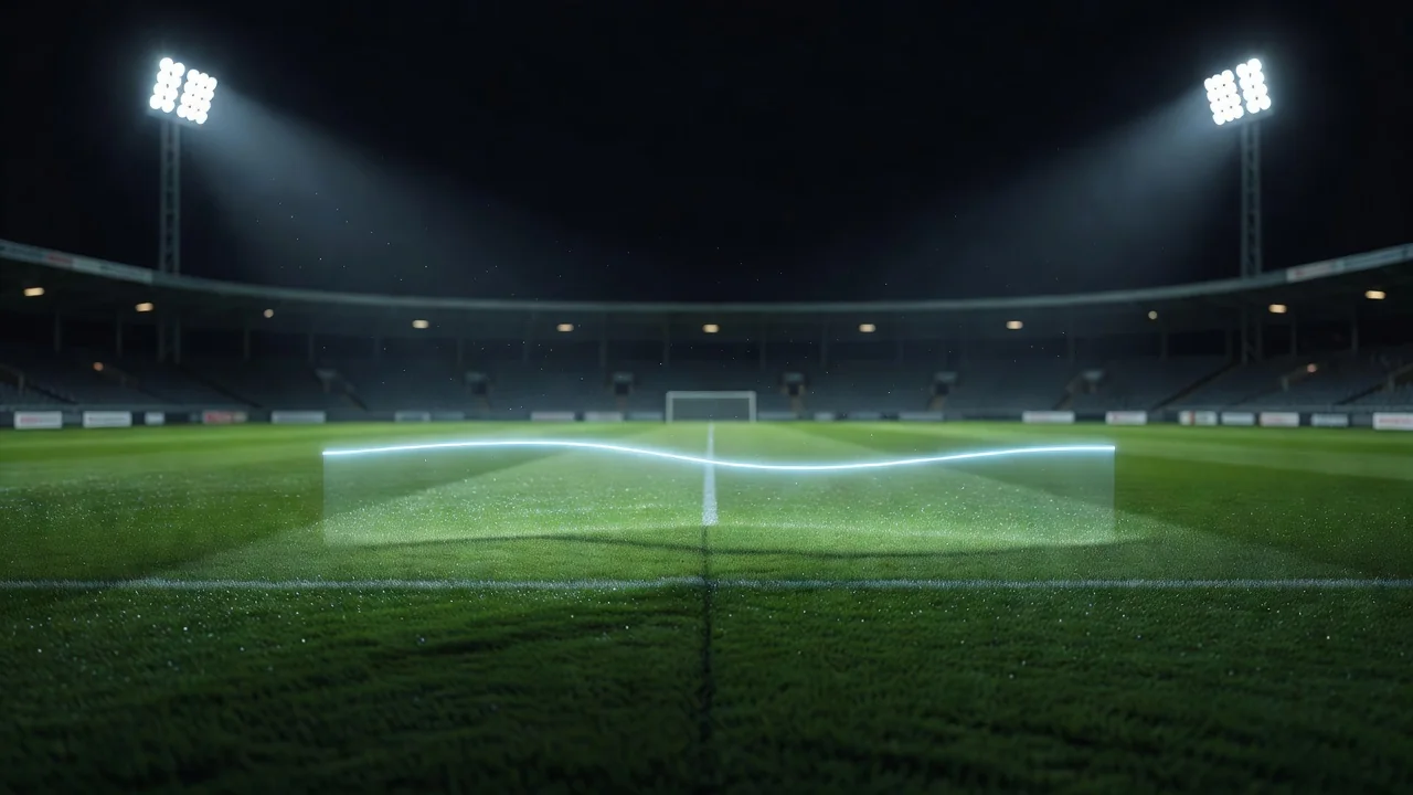Abseitslinie als Leuchtgrafik über einem leeren Fußballfeld bei Nacht ohne lesbare Markierungen