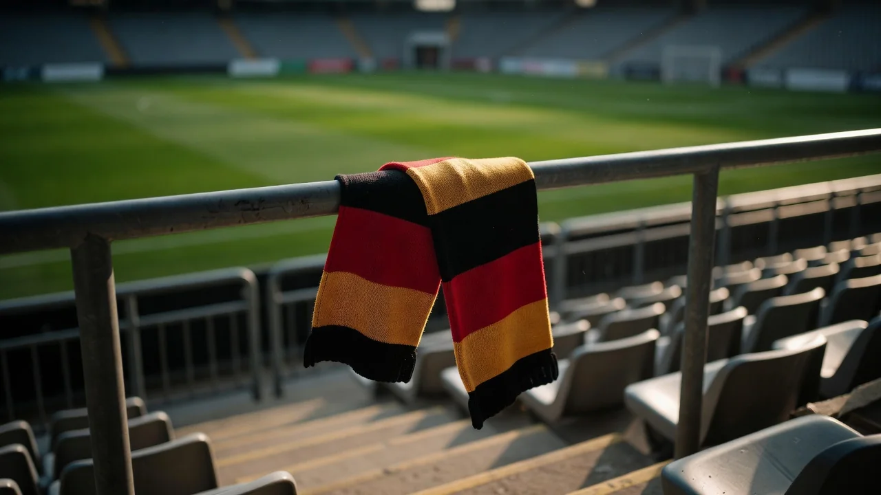 Eine schwarz-rot-goldene Fanschale drapiert über einer Stadionbrüstung vor leerem Rasen