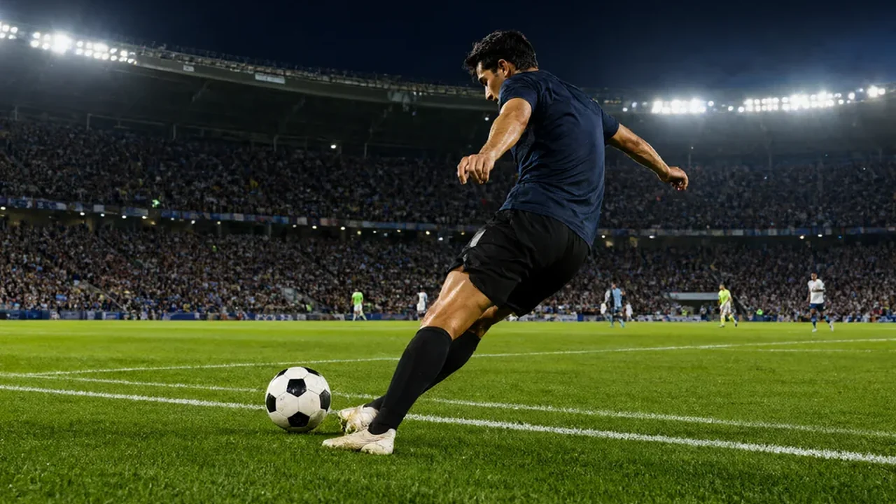 Spieler jubeln nach einem Tor vor vollen Rängen im Flutlicht