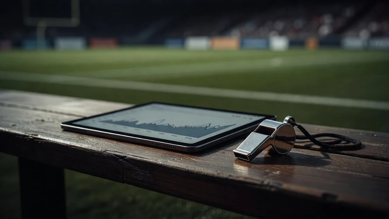 Tablet mit unscharfen Liniendiagrammen auf einer Trainerbank neben einer Trillerpfeife