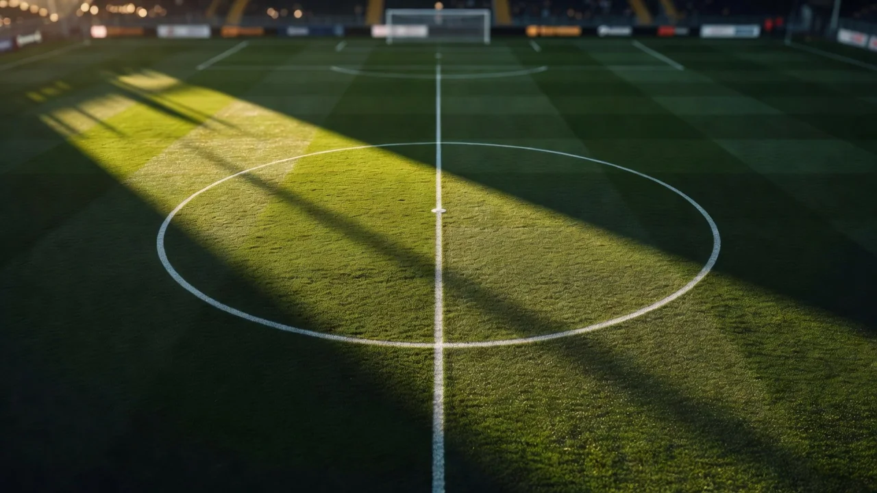 Mittelkreis eines Fußballfelds aus der Vogelperspektive mit scharfem Kontrast aus Licht und Schatten
