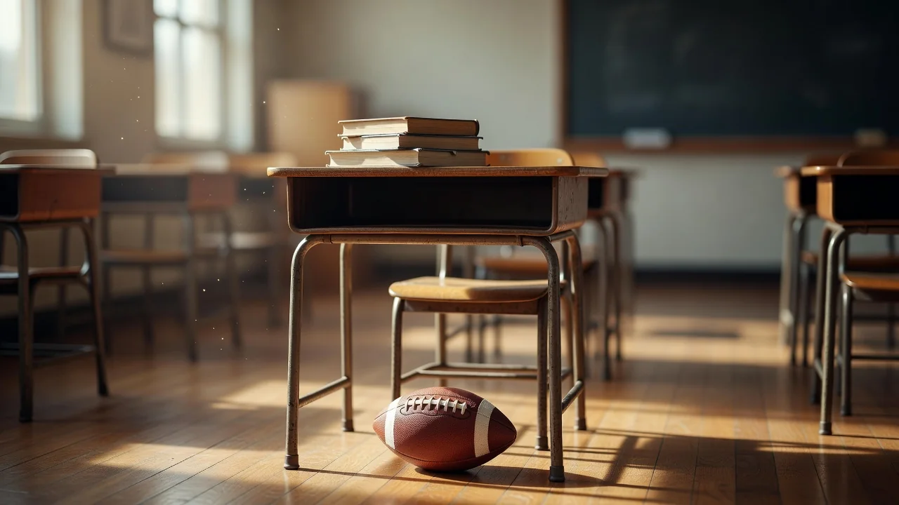 Schulbank mit Büchern und einem Fußball darunter in einem hellen Klassenzimmer ohne Personen