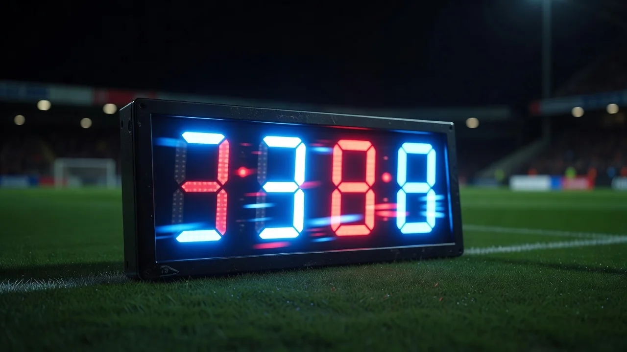 Leuchtende Auswechseltafel am Spielfeldrand mit unscharfen Leuchtziffern bei Nacht