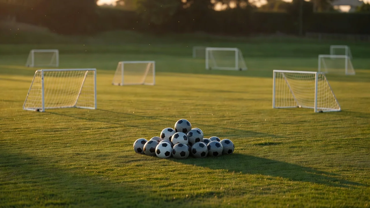 Leerer Trainingsplatz mit Kleinfeldtoren und Ballstapel in der Abendsonne ohne Personen