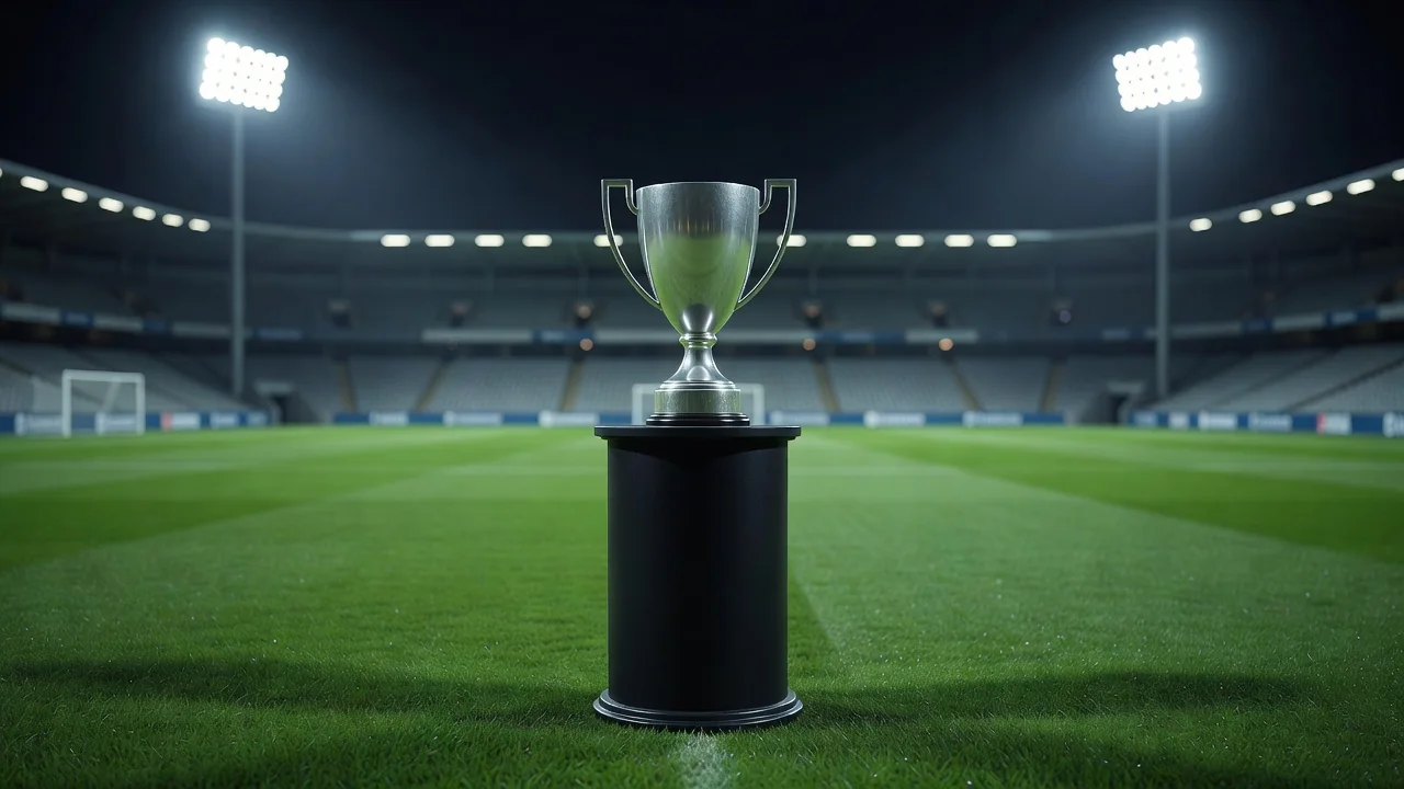 Silberne Trophäe ohne Gravur auf einem Podest am Spielfeldrand im Flutlicht