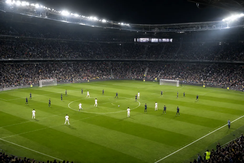 Volle Tribüne mit Fahnen im Flutlicht bei einem Bundesliga-Spiel