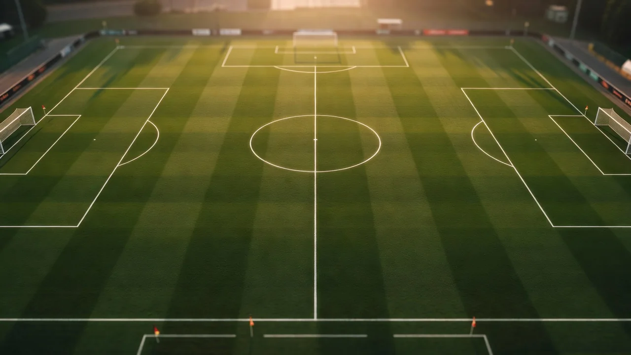 Leeres Fußballfeld von oben mit weißen Linien und Mittelkreis im Abendlicht