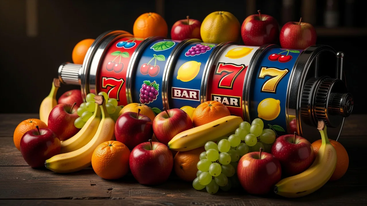 Slot-Reels und Früchte auf dunklem Samt