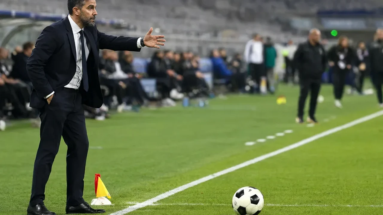 Fußballtrainer im dunklen Anzug an der Seitenlinie vor der Trainerbank im Flutlicht