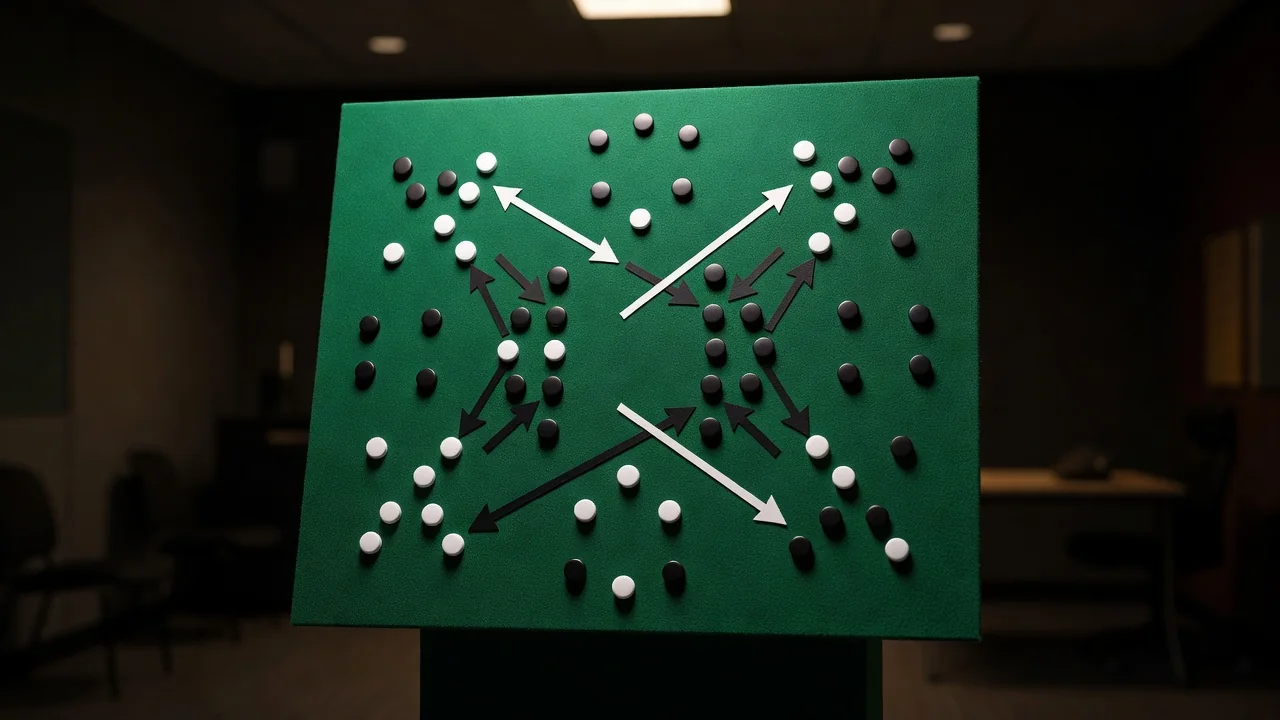 Magnettafel mit Spielerpositionen und Pfeilen auf grüner Filzoberfläche in der Trainerkabine