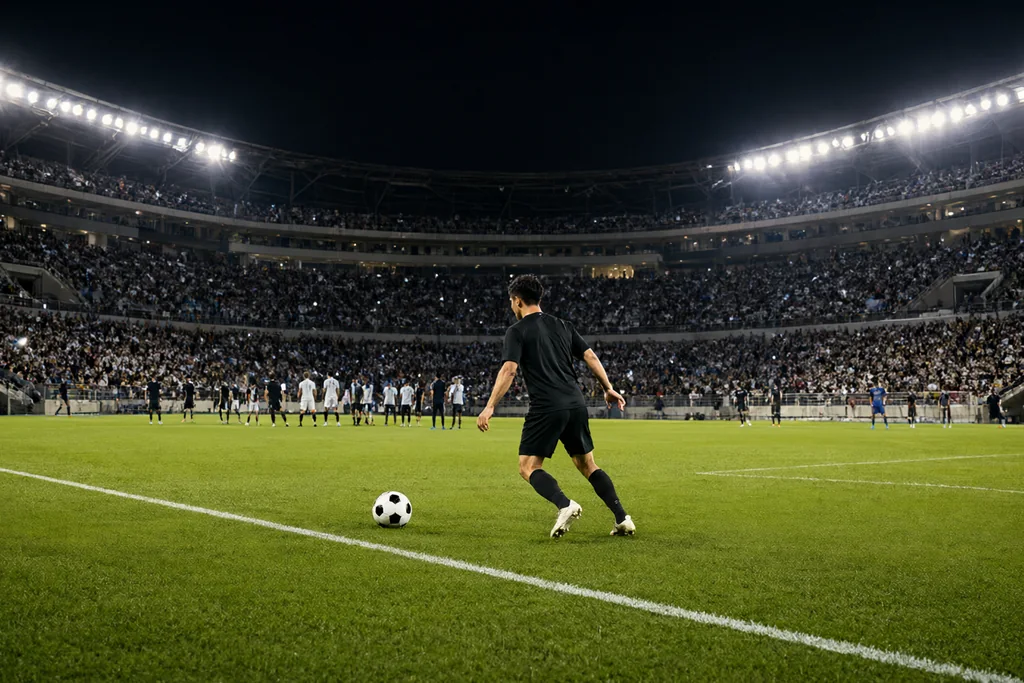 Spieler im Training am Abend auf dem Flutlichtplatz mit rundem Ball