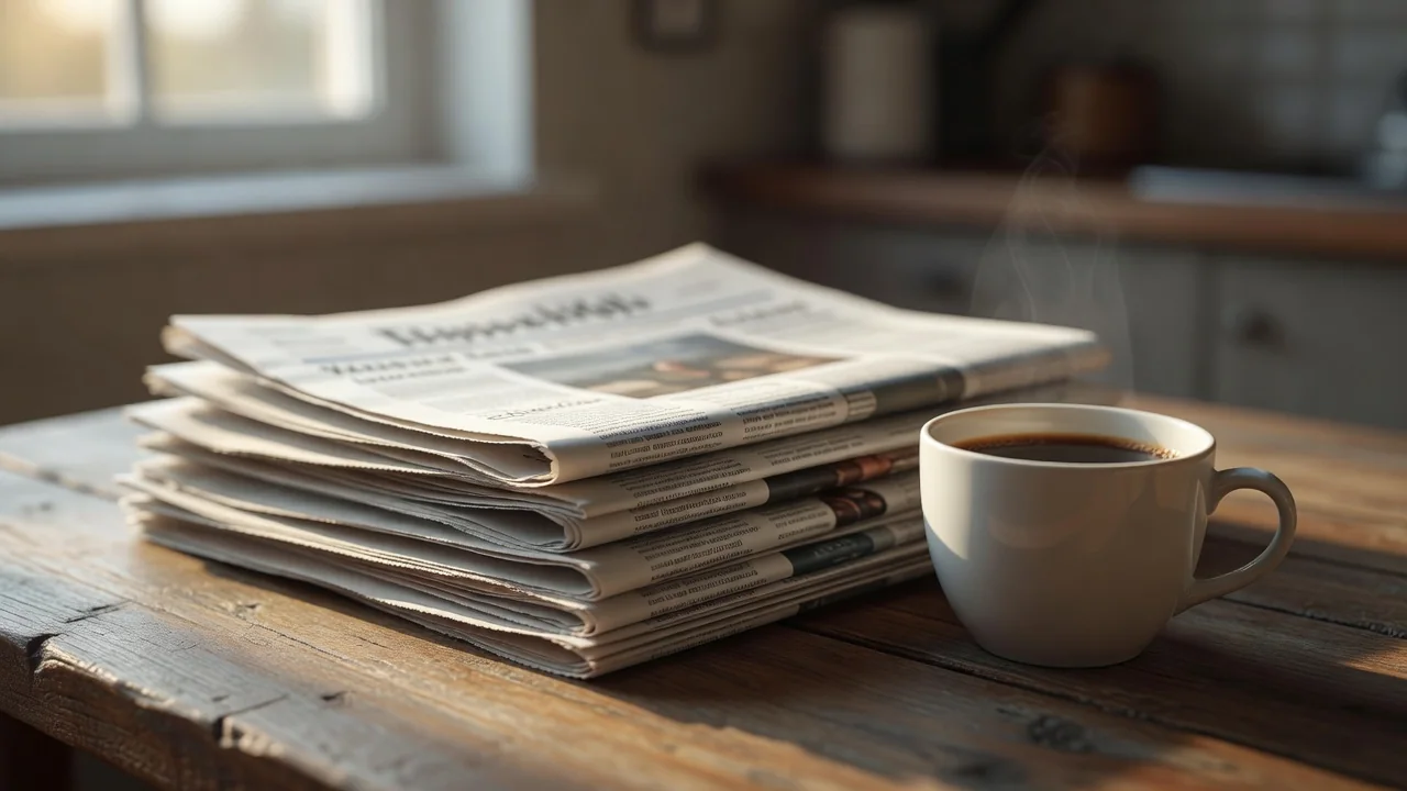 Stapel Tageszeitungen mit unscharfen Schlagzeilen neben einem Kaffeebecher am frühen Morgen