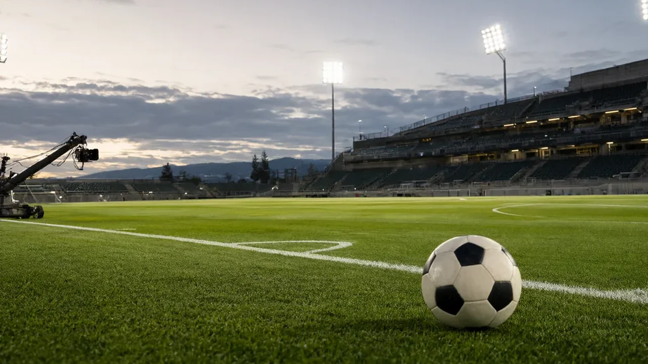 Leeres Fußballstadion in der Abenddämmerung mit Flutlicht und Kamera an der Seitenlinie