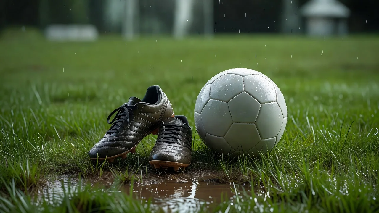 Kleine Fußballschuhe für Jugendliche auf nassem Rasen neben einem aufgepumpten Spielball