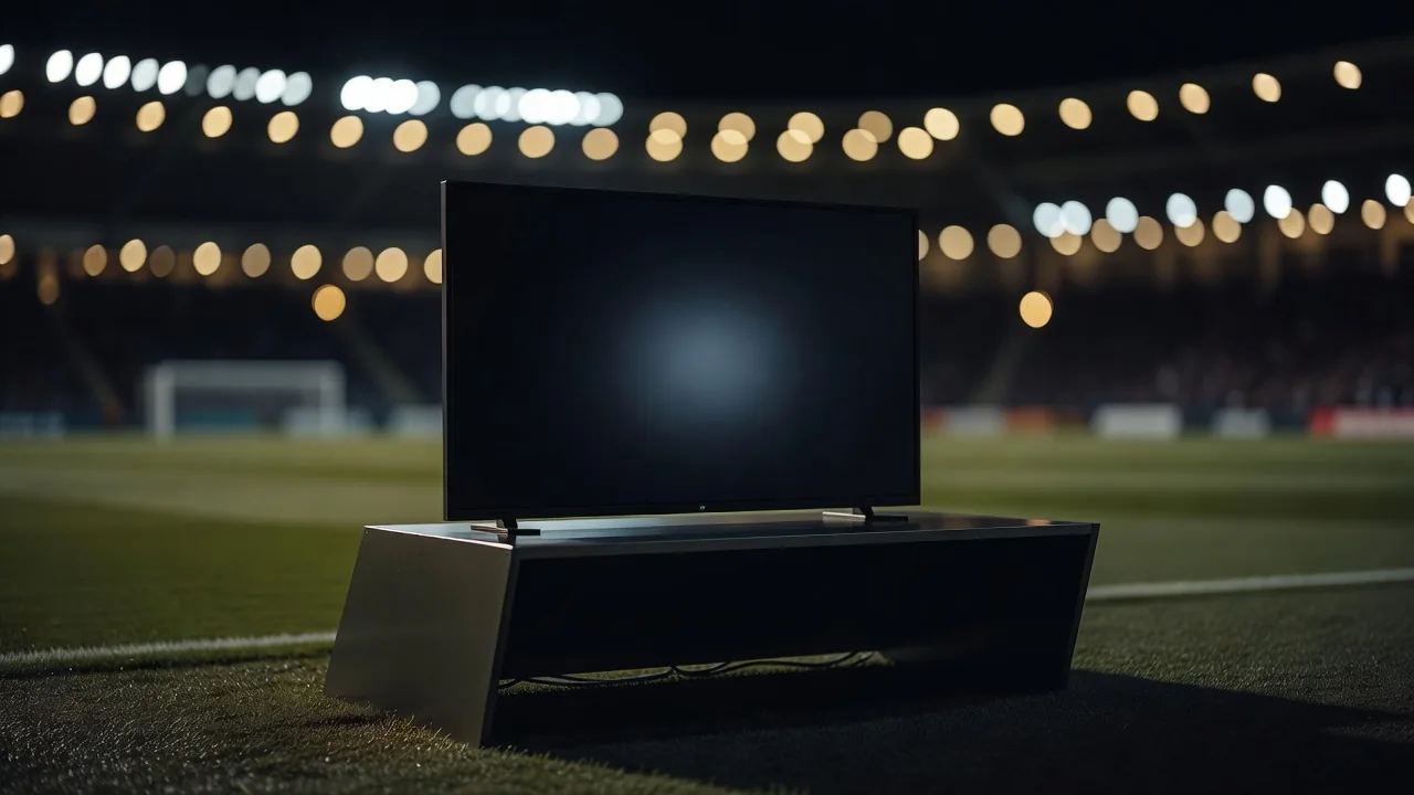 Leerer Schiedsrichter-Reviewbereich am Spielfeldrand mit dunklem Monitor bei Nacht