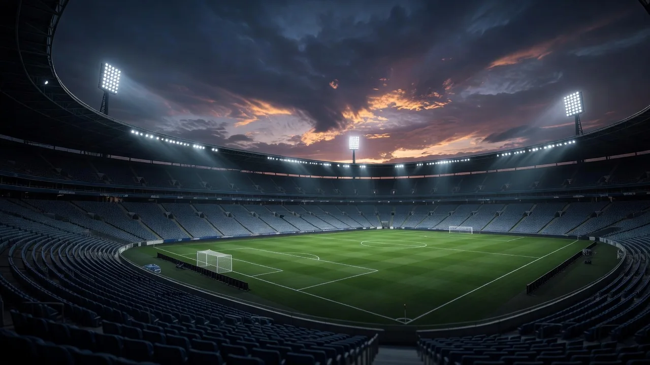 Leeres Fußballstadion mit eingeschalteten Flutlichtmasten in der Abenddämmerung